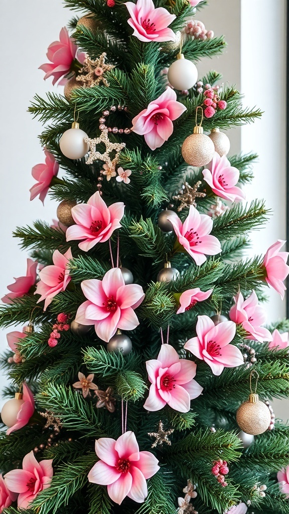 A pink and gold Christmas tree decorated with pink flowers and ornaments.