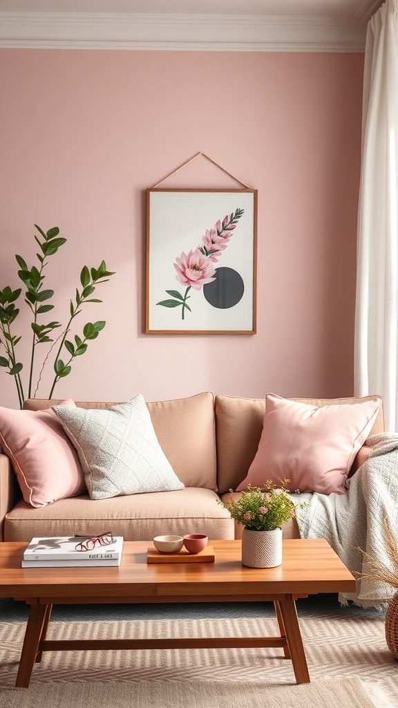A cozy living room with a pink wall, pink cushions on a sofa, and a wooden coffee table.