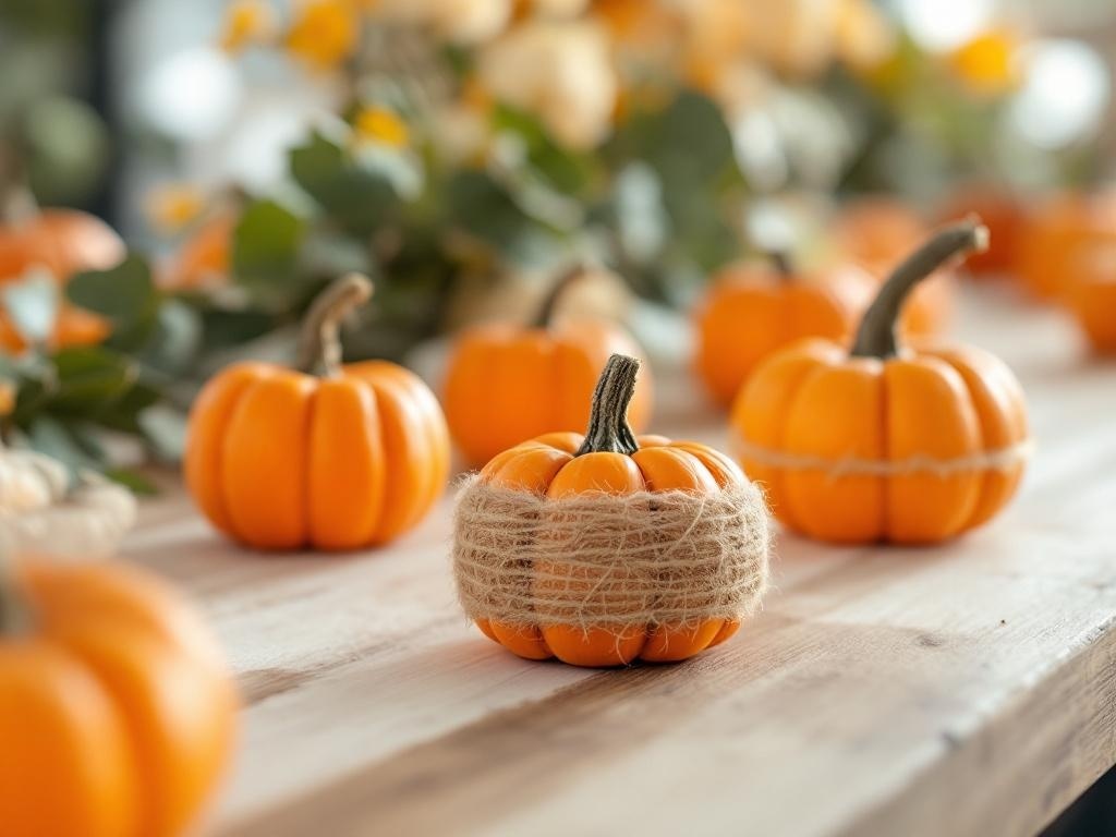 A table decorated with small orange pumpkins used as place card holders for Thanksgiving.