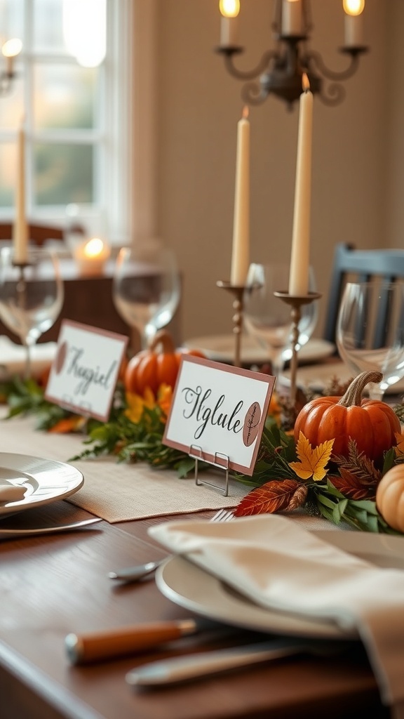 A beautifully set Thanksgiving table with personalized place cards and a colorful centerpiece.