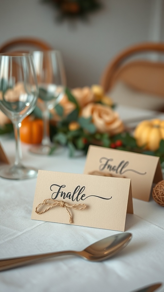 Charming place cards on a fall table setting with twine bows and elegant handwritten names.