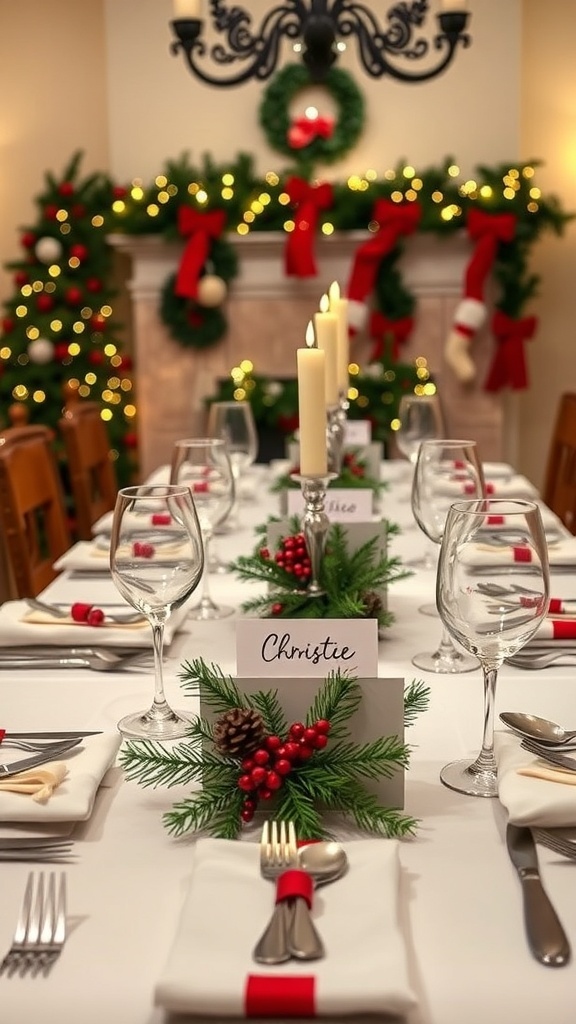 A beautifully set dining table with place cards, greenery, and festive decorations for Christmas.