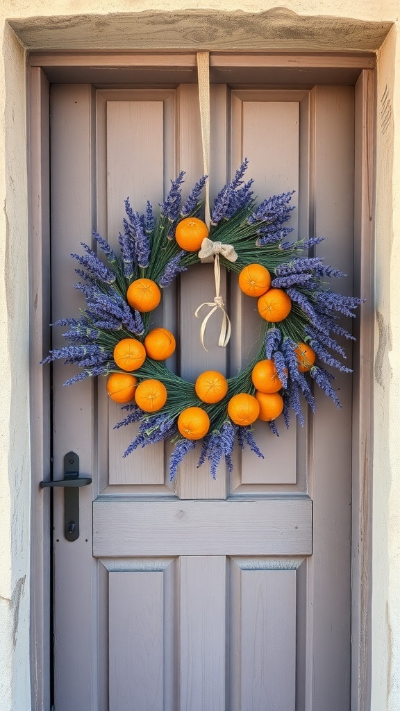 A beautiful wreath made of oranges and lavender on a wooden door.