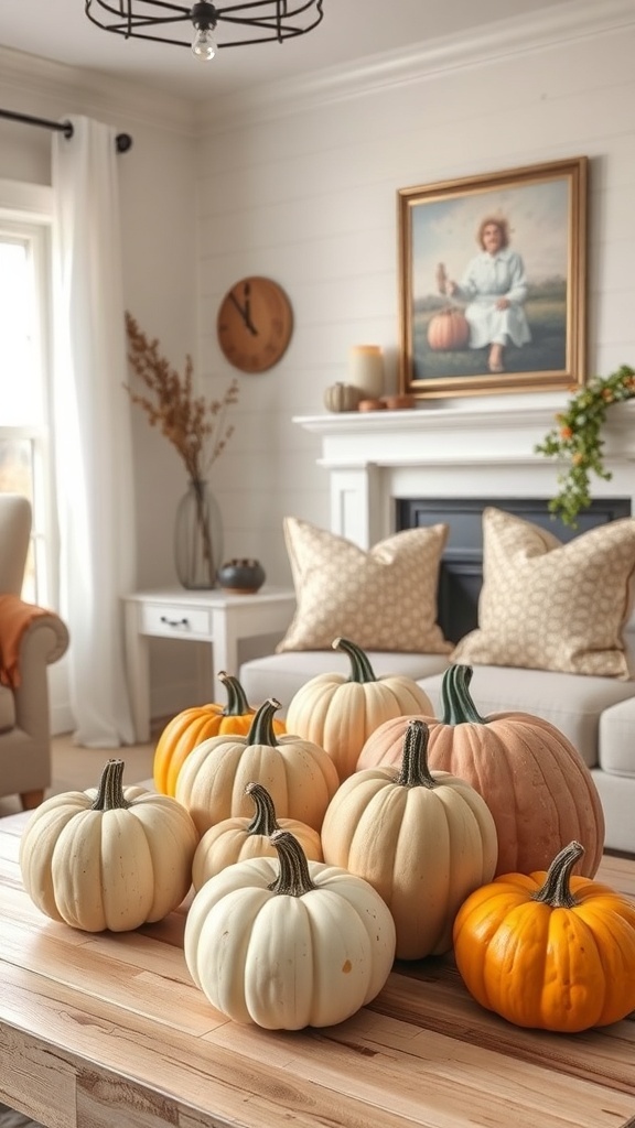 A cozy living room with a variety of pumpkins arranged on a wooden table, creating a warm Halloween atmosphere.