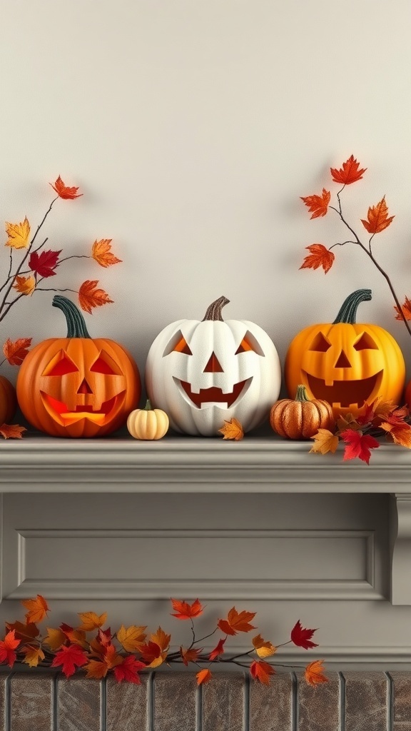 A charming arrangement of pumpkins on a mantel, featuring orange and white pumpkins with playful faces, surrounded by autumn leaves.