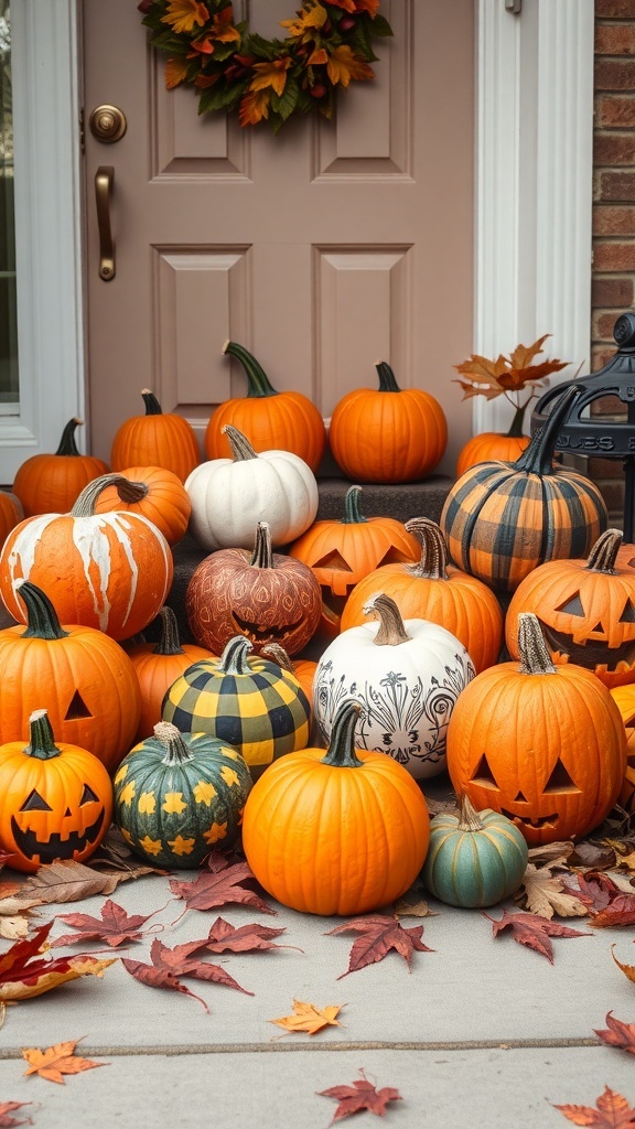 A charming display of various pumpkins on a porch, surrounded by autumn leaves and a colorful wreath on the door.