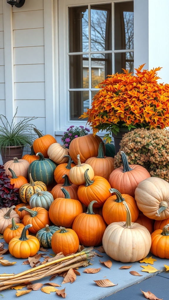 A charming display of various pumpkins on a front porch, surrounded by colorful autumn foliage.