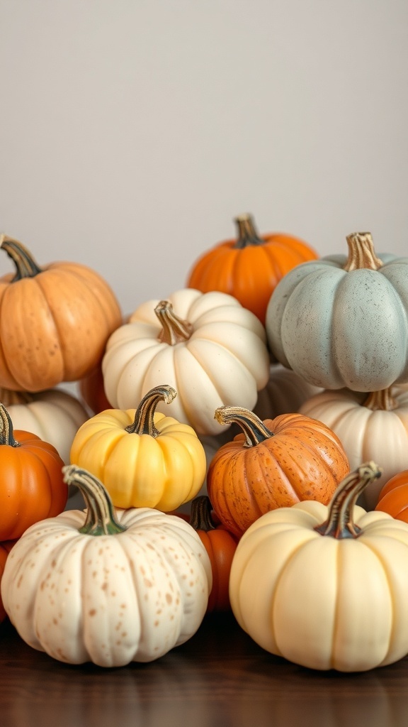 A variety of pumpkins in different colors and sizes arranged together.