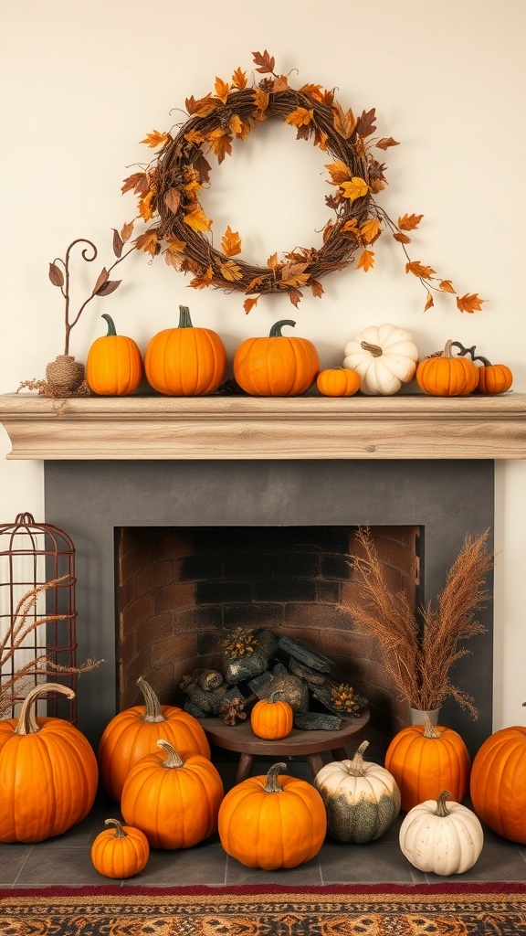 A cozy fireplace decorated with various pumpkins and an autumn wreath.