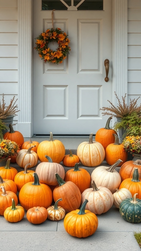 A charming entryway decorated with a variety of pumpkins and an autumn wreath.