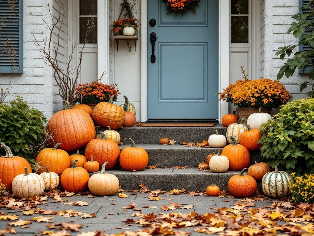 A charming display of pumpkins in various sizes and colors on a front porch, surrounded by fall flowers and leaves.