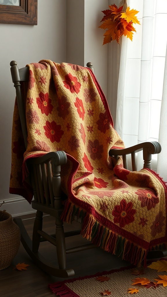 A cozy quilt in autumn colors draped over a rocking chair, with decorative leaves in the background.