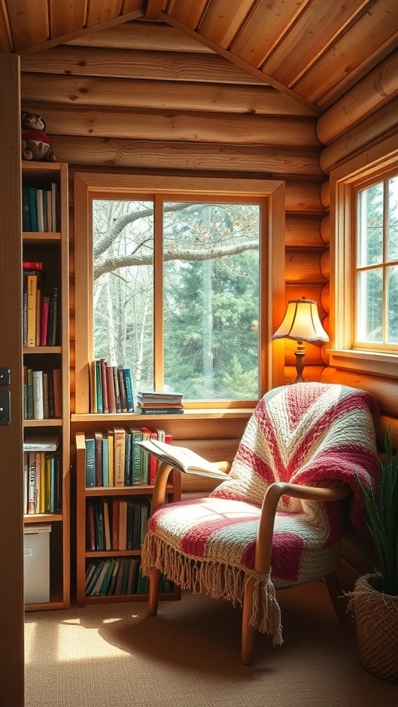 Cozy reading corner in a winter cabin with a chair, bookshelves, and a window.