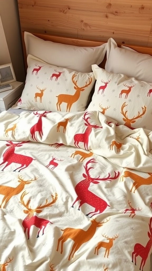 A cozy bed with reindeer print bedding featuring colorful reindeer designs on a light background.