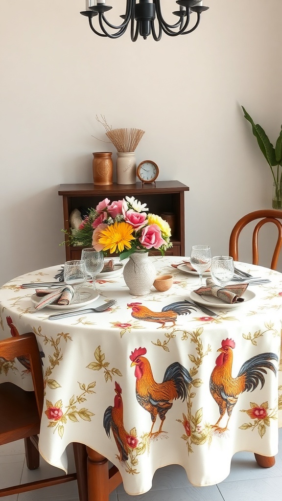 A beautifully set table with rooster-themed table linens, featuring a floral centerpiece and elegant glassware.