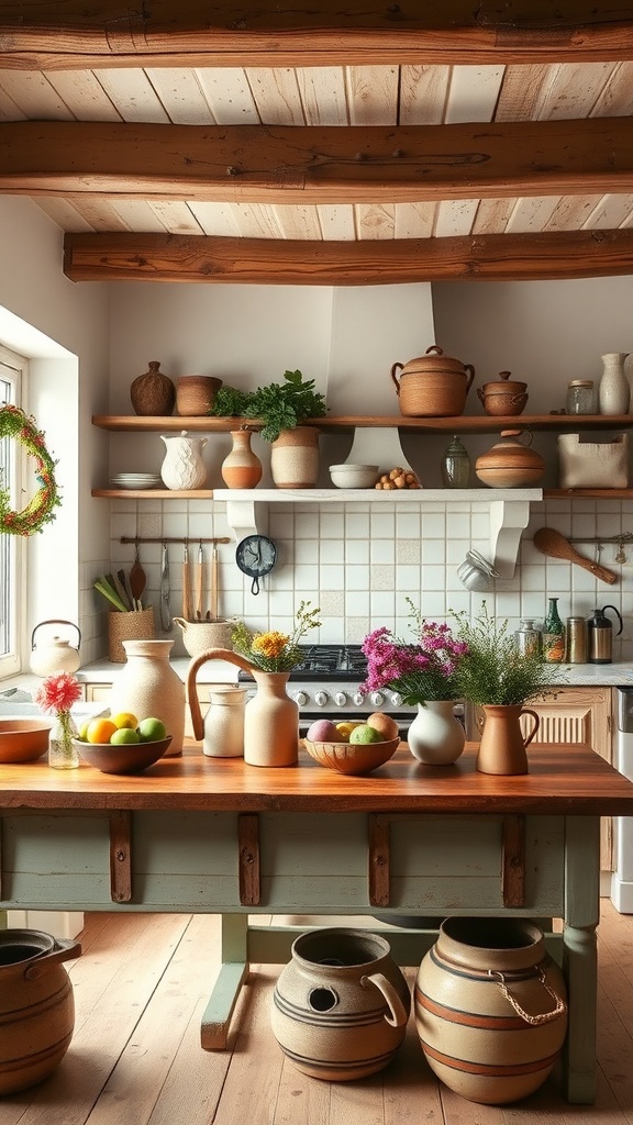 A rustic French farmhouse kitchen with wooden beams, clay pots, and fresh flowers.