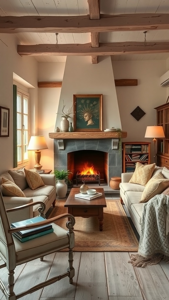 Cozy French cottage living room with rustic furniture and a fireplace