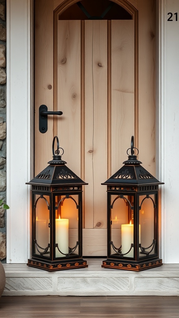 Two rustic lanterns with candles on a doorstep beside a wooden door.