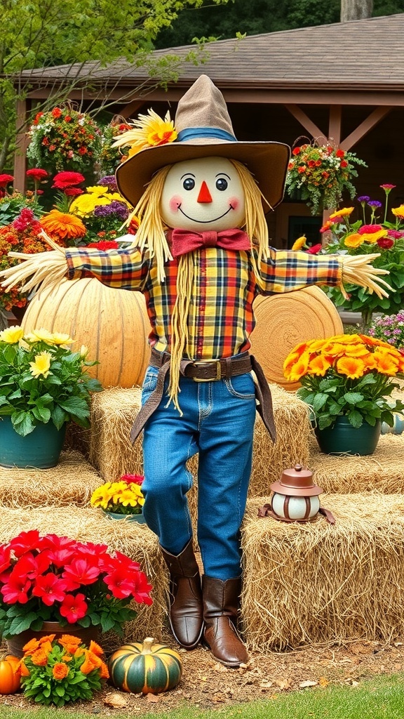 A cheerful scarecrow in denim overalls with a hat, surrounded by colorful flowers and hay bales.