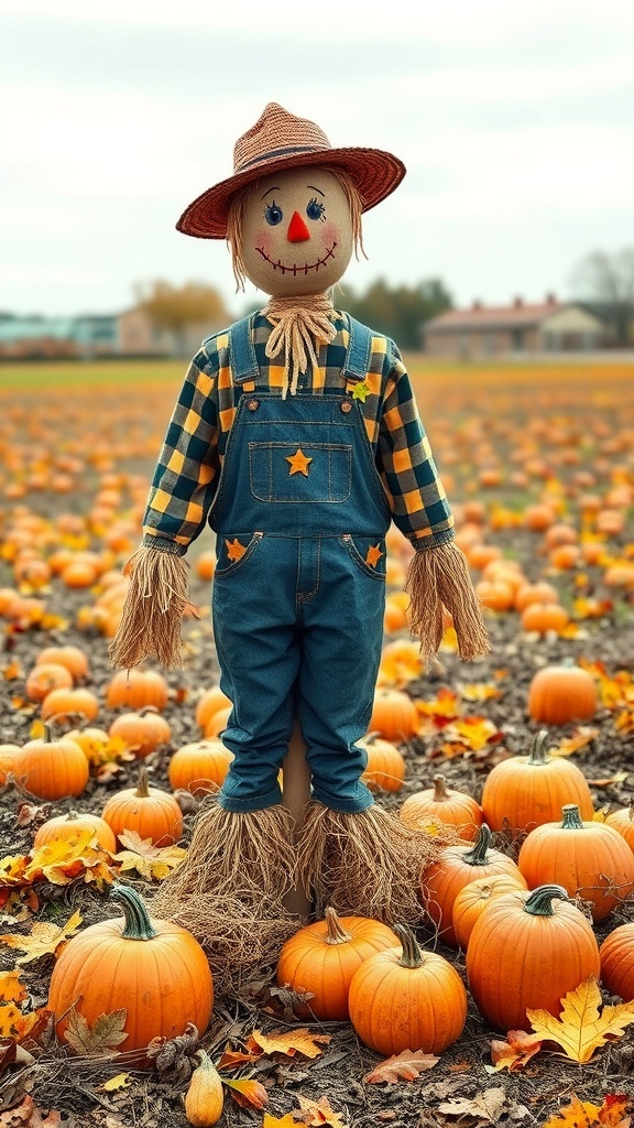 A cheerful scarecrow in a pumpkin patch surrounded by orange pumpkins and autumn leaves.