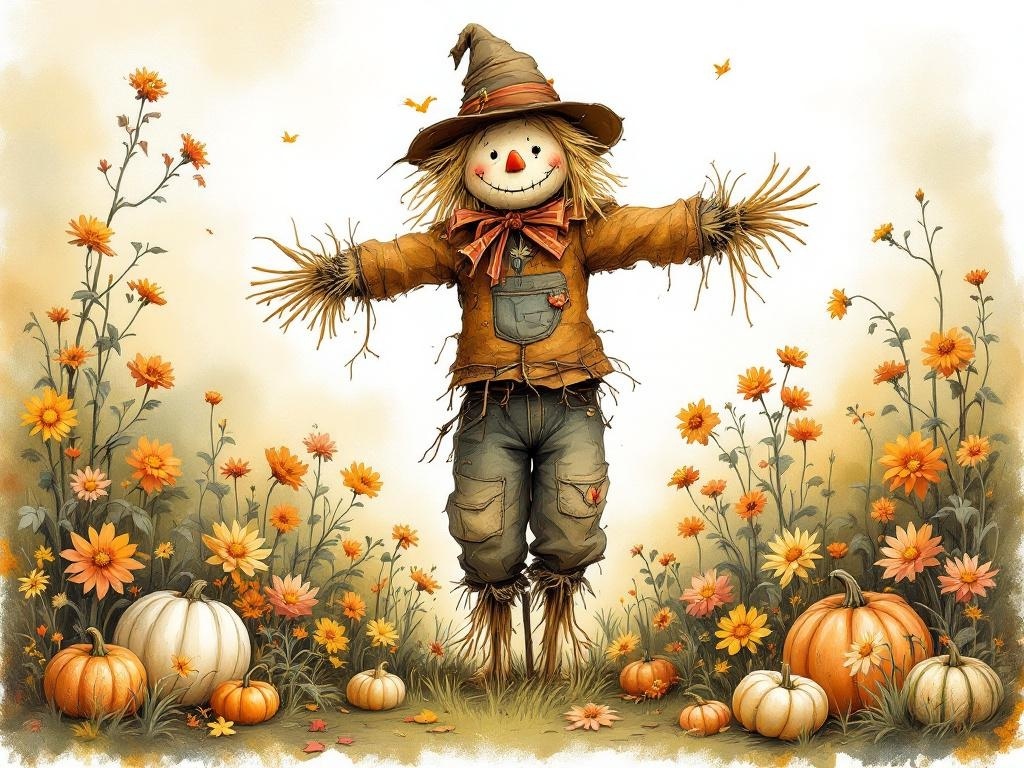 A cheerful scarecrow surrounded by colorful flowers and pumpkins in a fall garden.