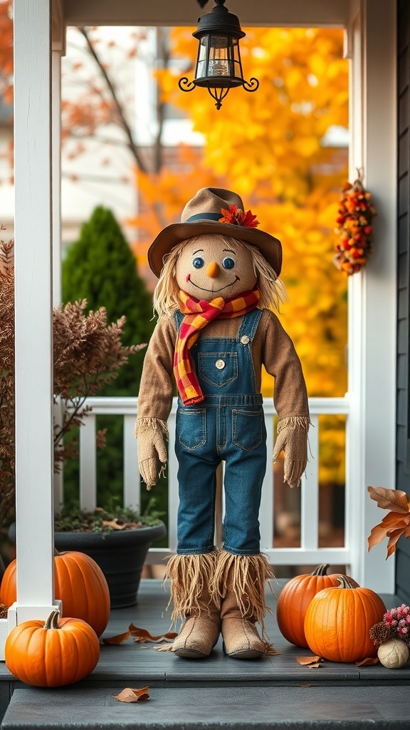 A cheerful scarecrow on a fall porch surrounded by pumpkins and autumn leaves.