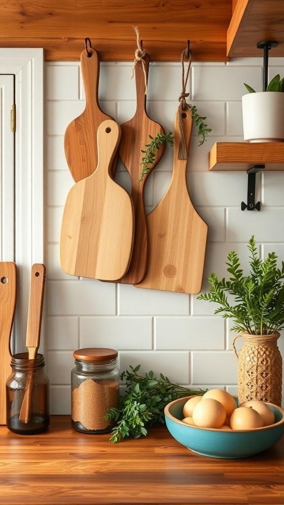 A cozy kitchen corner with fall-themed signage, pumpkins, and decorative elements.