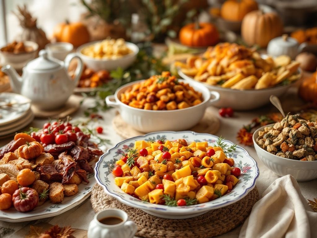 Thanksgiving table with vibrant serving dishes and platters filled with seasonal dishes.