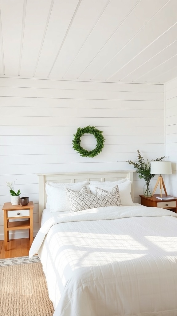 Cozy farmhouse bedroom with shiplap walls and simple decor.