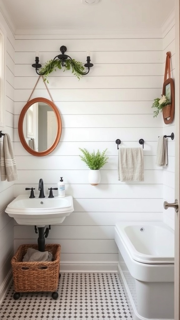 A rustic farmhouse bathroom featuring charming shiplap walls, a round mirror, and stylish fixtures.