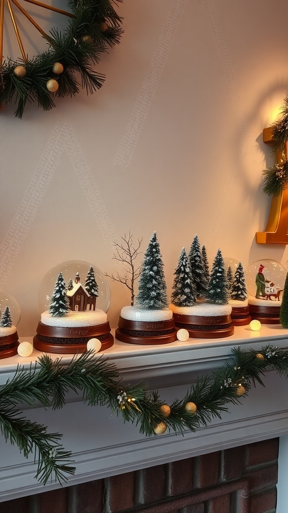 A collection of snow globes featuring winter scenes with trees and a small house.
