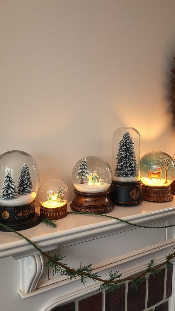 A collection of vintage snow globes with winter scenes on a mantel.