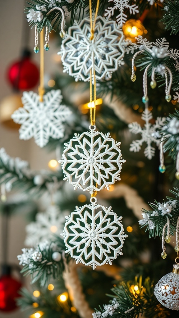 Close-up of snowflake ornaments hanging on a Christmas tree.