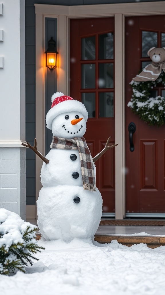 A cheerful snowman wearing a red hat and scarf stands on a snowy front porch.