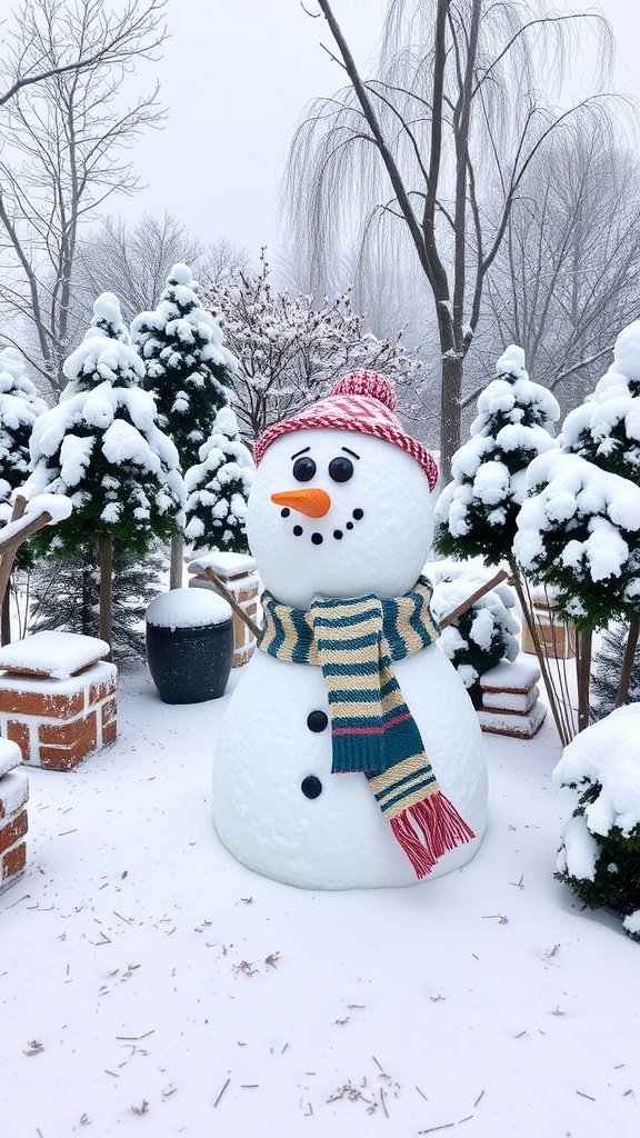 A cheerful snowman wearing a striped scarf and hat, surrounded by snow-covered trees in a winter setting.