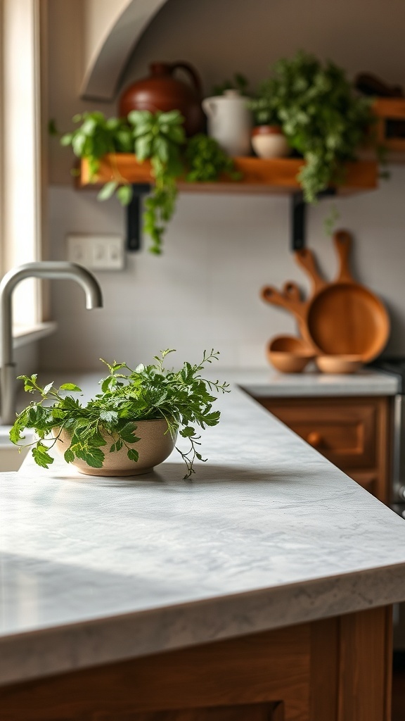 A close-up view of a farmhouse kitchen countertop with a bowl of fresh herbs.