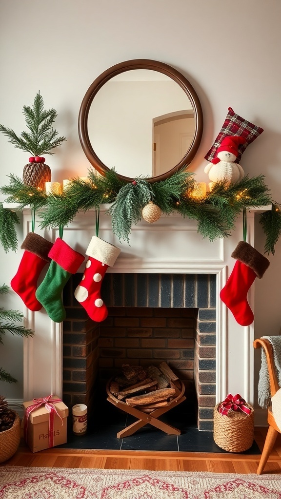 A festive mantel decorated with colorful Christmas stockings, greenery, and warm lights.
