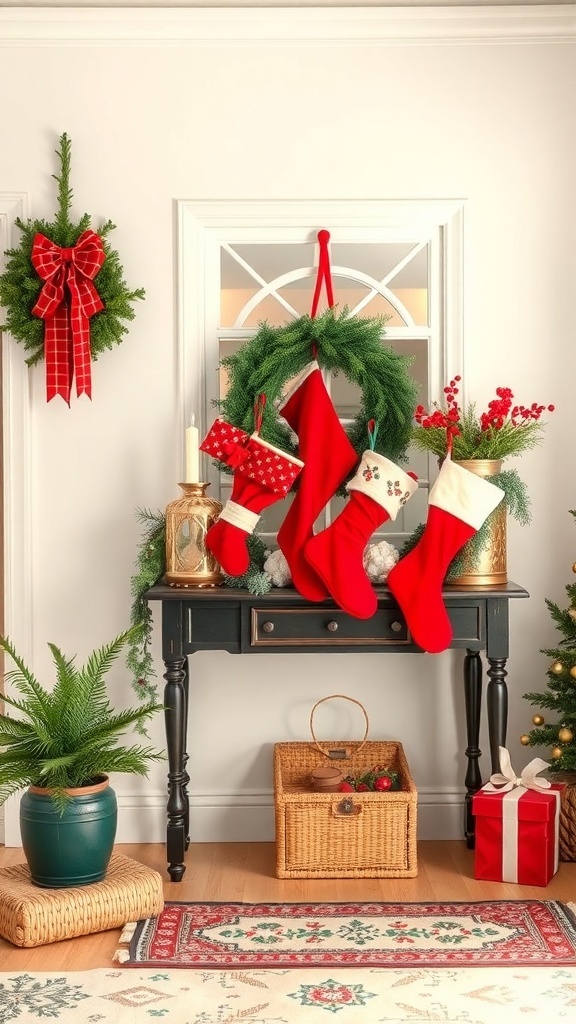 A beautifully decorated entryway table with stockings, a wreath, and festive plants.