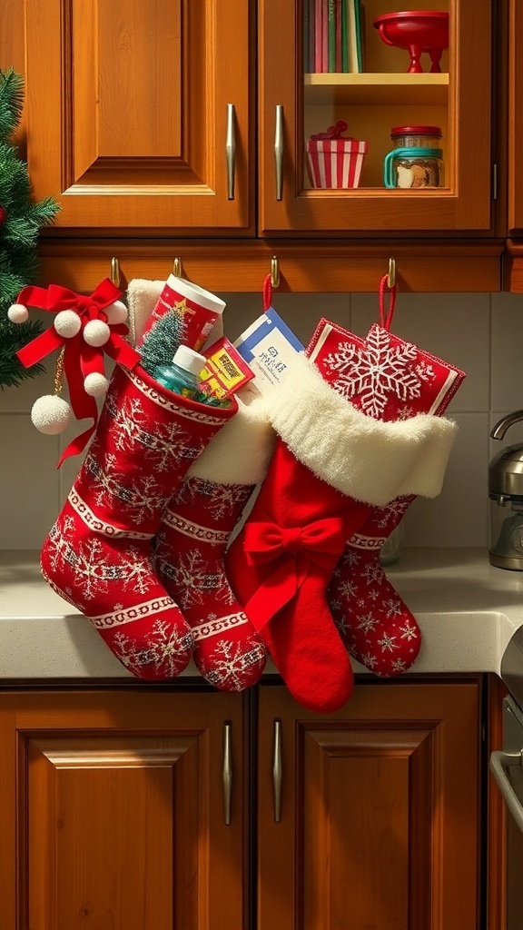 A cozy kitchen with red Christmas stockings filled with treats hanging on the cabinets.