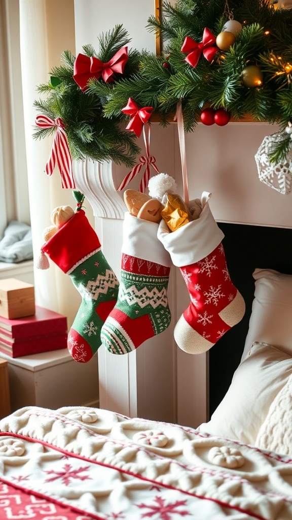 A festive display of Christmas stockings hanging from a mantle, decorated with greenery and ribbons.