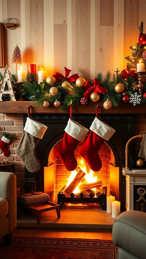 A cozy fireplace decorated with Christmas stockings and festive decor.