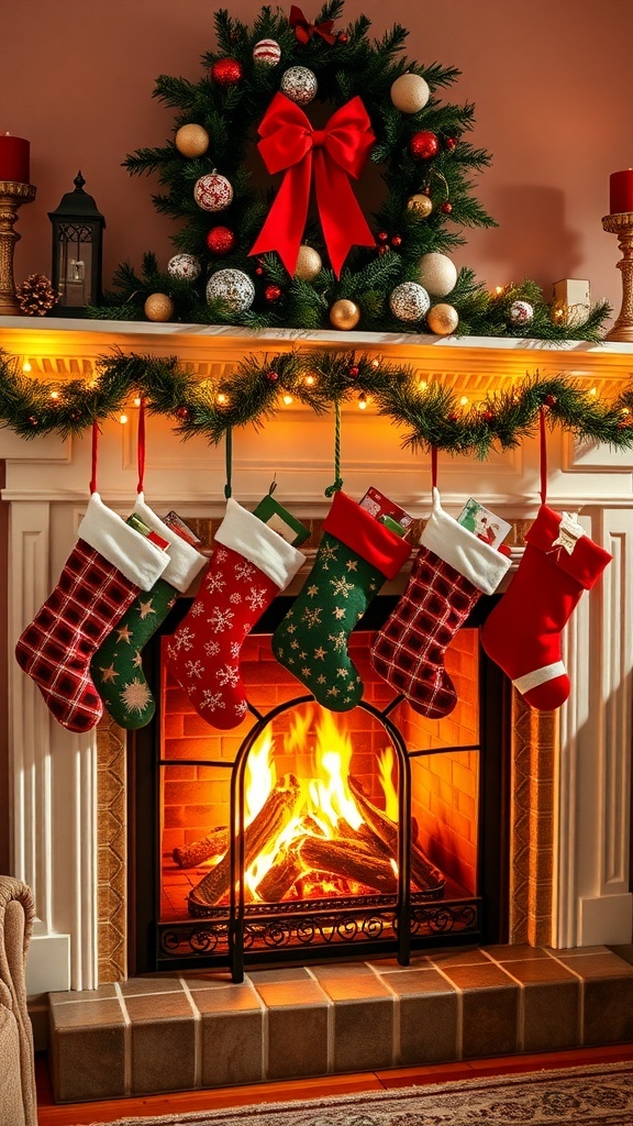 Colorful Christmas stockings hanging by a fireplace with a festive wreath above.