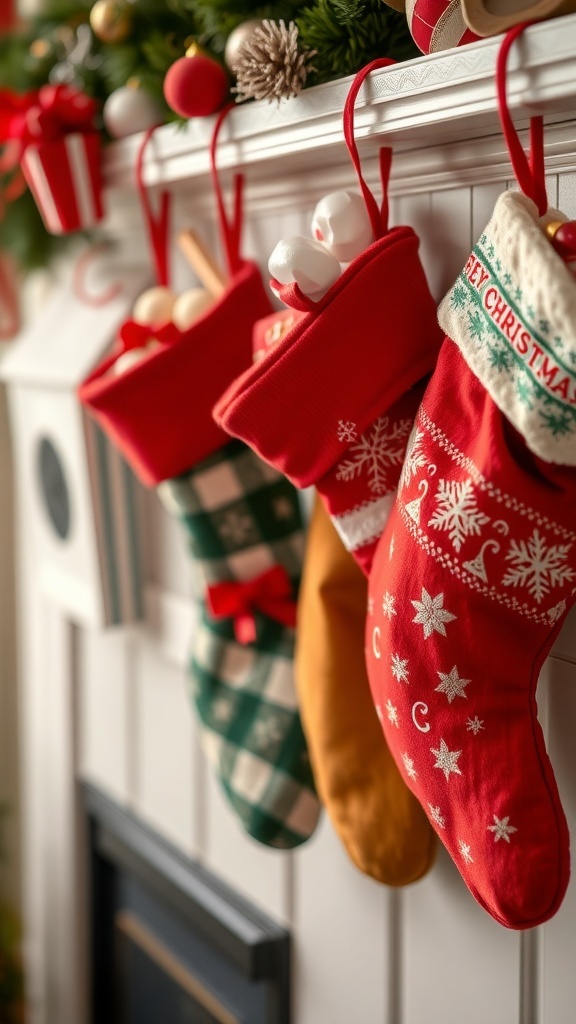Colorful Christmas stockings hanging on a mantel, decorated for the holidays.