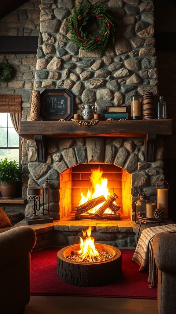 A cozy farmhouse living room featuring a charming stone fireplace with a warm fire.