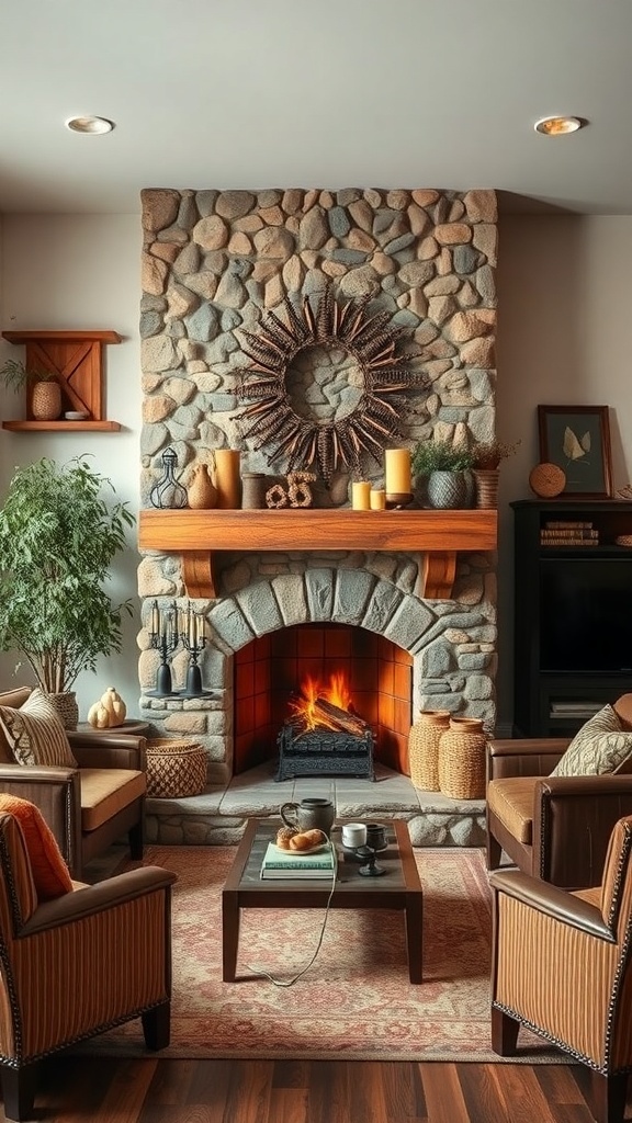 A cozy rustic cottage interior featuring a stone fireplace with a wooden mantel, surrounded by comfortable seating and warm decor.