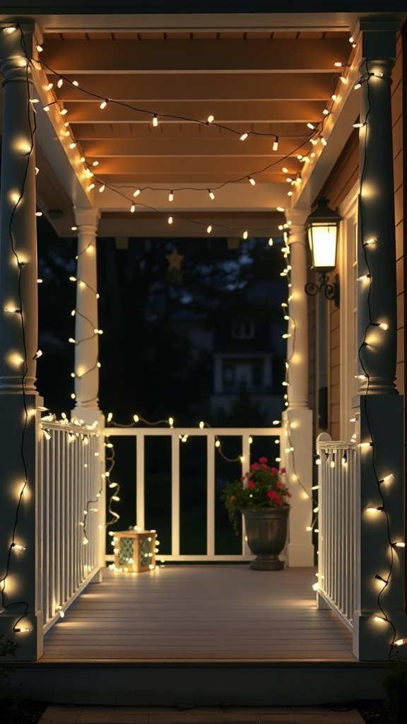A beautifully lit front porch with string lights creating a warm atmosphere.