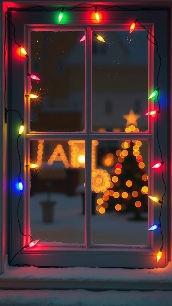 A window decorated with colorful string lights, showcasing a festive Christmas tree in the background.