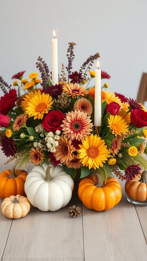 A vibrant fall centerpiece with flowers, candles, and pumpkins on a wooden table.