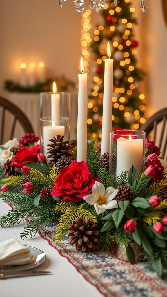 A festive table centerpiece with candles, flowers, and pinecones.