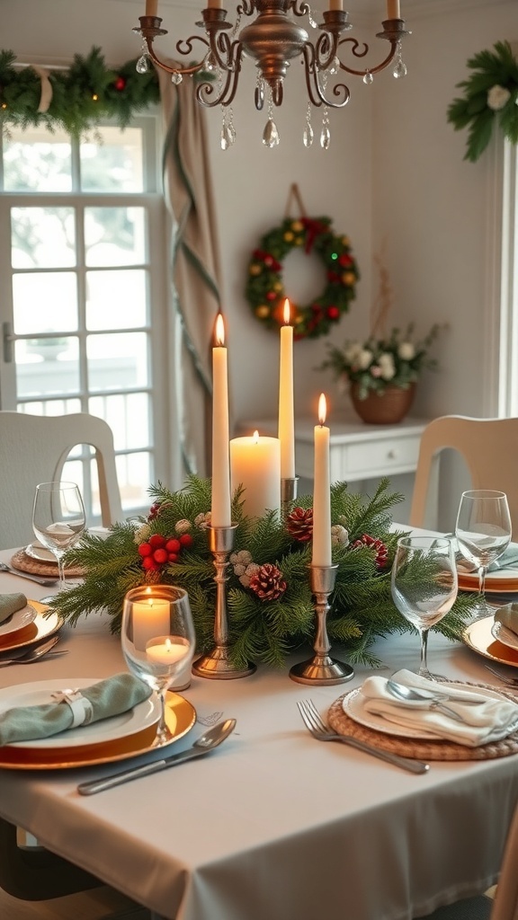A beautifully set dining table with candles, greenery, and festive decor.